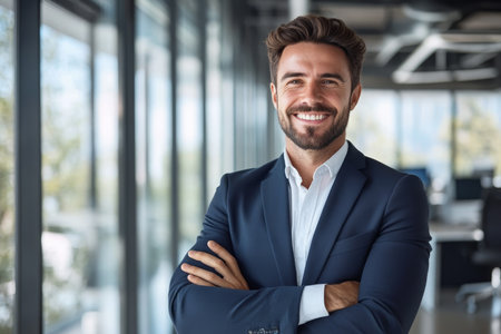 Confident businessman with friendly smile in modern office, embodying success and professionalism.の素材