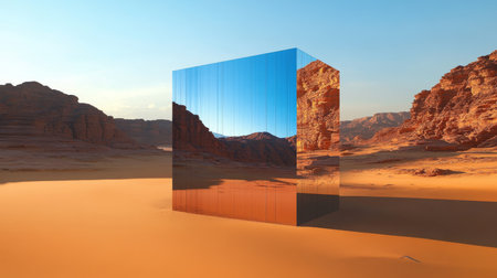 Mirrored Cube Reflecting the Beauty of a Serene Desert Landscape, Minimalist Art Installationの素材