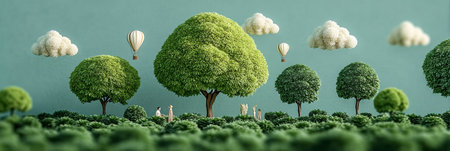 Breathtaking Scenic View of Lush Green Landscape with Rounded Trees and Colorful Hot Air Balloonsの素材