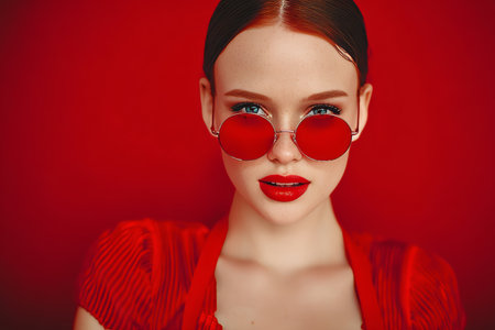 Elegant Fashion Portrait of a Confident Woman in Striking All-Red Attire with Stylish Sunglassesの素材