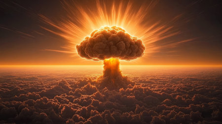 Nuclear explosion over surreal landscapes, depicting the haunting aftermath of atomic devastation.の素材