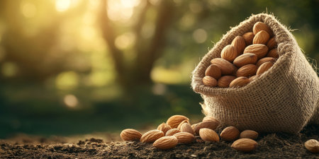 Fresh Almonds in a Burlap Sack on the Field, Celebrating Organic Farming and Nature s Bountyの素材