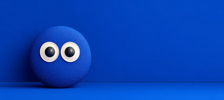 Cheerful 3D Dark Blue Emoji Character with Large Gazing Eyes in a Modern Colorful Studio Settingの素材