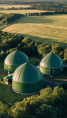 Aerial View of Farmland Featuring Biogas Plant Domes for Sustainable Renewable Energy Generationの素材