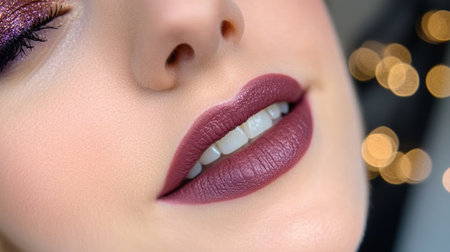 Close-up view of a beautiful woman showcasing maroon lips, perfect lip shape, and radiant smileの素材