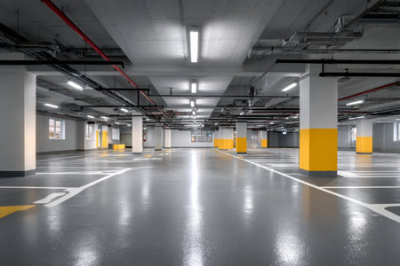 Spacious and Modern Underground Car Park Interior Featuring White Lines and Bright Yellow Columnsの素材