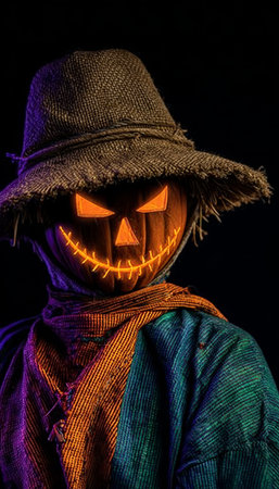 Eerie Glow in the Dark Pumpkin Scarecrow on Dimly Lit Backdrop Perfect for Halloween Promotionsの素材