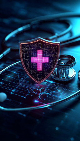 Healthcare Security Shield Emblem with Stethoscope, Protecting Patient Data and Medical Innovationの素材