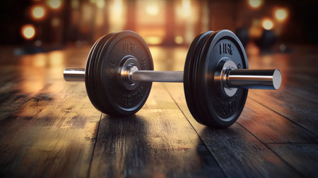 Heavy Barbell on Gym Floor with Dramatic Lighting Fitness and Strength Training Conceptの素材