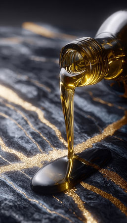 Liquid Amber Flowing Elegantly, Creating a Lustrous Display on a Deep, Veined Platform Surfaceの素材