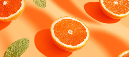 Vibrant Halved Citrus Fruits with Fresh Mint Leaves on Orange Backdrop for a Refreshing Summer Vibeの素材