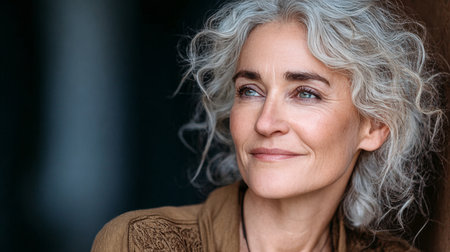Elegant Older Woman with Graceful Gray Hair, Smiling Confidently in a Calm Outdoor Settingの素材