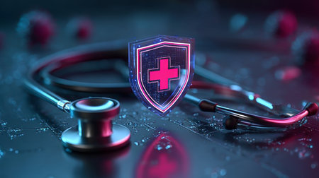 Protecting Patient Data Secure Healthcare Practices with Medical Cross on Stethoscope Imageの素材