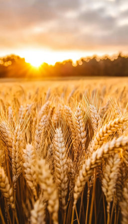 Beautiful sunrise over golden wheat field, capturing nature s tranquility in a rural landscape.の素材