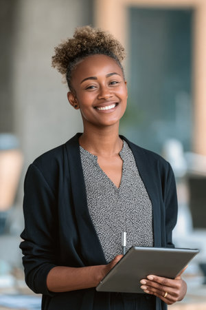 Confident Smiling African American Businesswoman Holding a Tablet in a Modern Office Environmentの素材