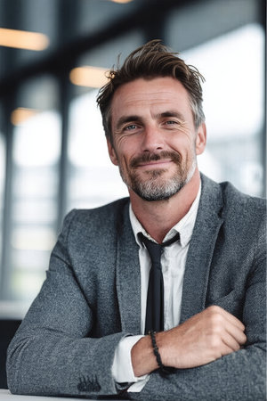 Confident businessman in stylish grey suit smiles during a productive day in a modern office.の素材