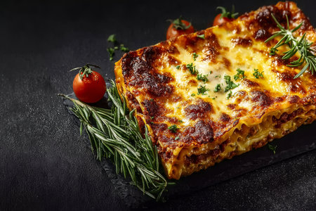 Delicious Homemade Lasagna with Cheeses and Meat, Garnished with Fresh Rosemary on Dark Backgroundの素材