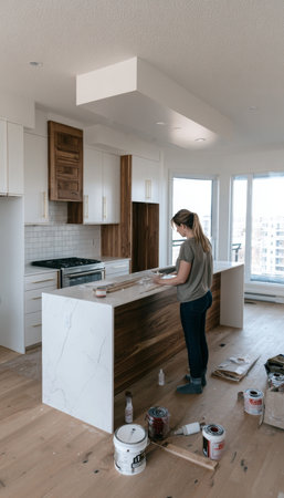 Elegant Renovation of Modern White Kitchen Island with Natural Wood Accents and Stylish Fixturesの素材