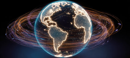 Vivid World Connectedness, Glowing Earth with Light Trails, Digital Data Streams Visualizationの素材