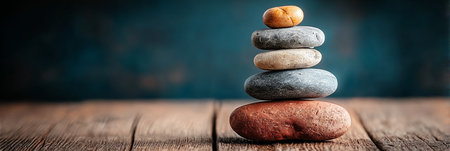 Tranquil Zen Garden with Balanced Stones, Symbolizing Serenity and Wellness on Natural Wood Surfaceの素材