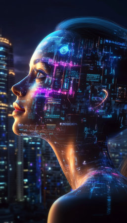 Cyborg Woman in Digital Matrix Merging Human Intelligence with Advanced Technological Innovationsの素材