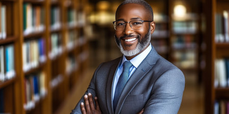 Smiling man leading educational initiative to build community and promote opportunities for all.の素材