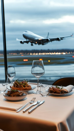 Luxurious Airport Lounge Dining Experience with Gourmet Meal, Wine, and Airplane Takeoff Viewの素材