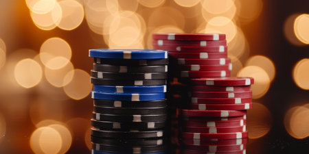 Casino Night Vibes A Festive Scene with Three Colorful Poker Chips Stacked and Glowing Brightlyの素材
