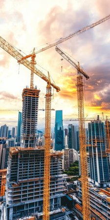Stunning Panoramic View of a Busy Modern Construction Site with Crane Operations at Sunsetの素材