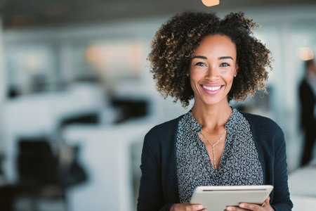 Confident Businesswoman with Tablet, Smiling Attorney in Modern Office Space, Proud and Happyの素材