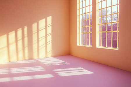 Bright and Airy Sunlit Room with Abstract Shadows on Walls, Perfect for Minimalist Interior Designの素材