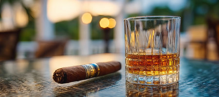 Aged Bourbon Whiskey and Fine Cigar Still Life Photography for Relaxing Weekend Moments Outdoorsの素材