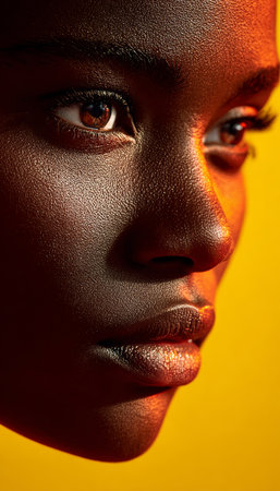 Young Black Woman with Apricot Complexion Exudes Confidence Against Light Yellow Backgroundの素材