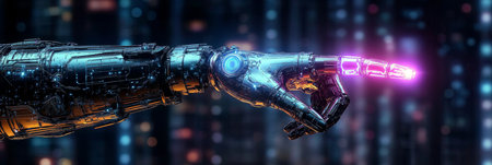 Futuristic Robotic Finger Neon Sign with Holographic Overlay in a Cyber Background for Digital Artの素材