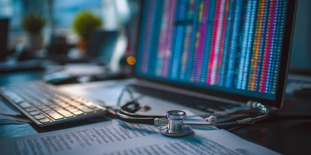 Healthcare and Technology Integration Analyzing Medical Data on Laptop with Charts and Graphsの素材