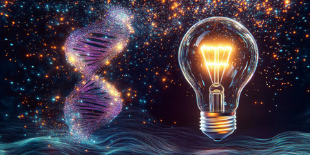 Revolutionizing Biology A Glowing DNA Helix Inside a Light Bulb Represents Innovation and Scienceの素材