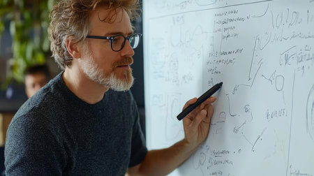 Serious experienced man in eyewear drawing charts and explaining concepts to colleagues at office.の素材