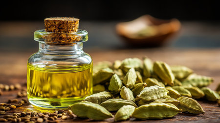 Cardamom Essential Oil in Glass Bottle for Aromatherapy and Natural Wellness, Rustic Backgroundの素材