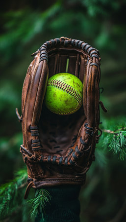 Worn Leather Baseball Glove Holding Bright Yellow Softball, Against Blurred Green Backgroundの素材