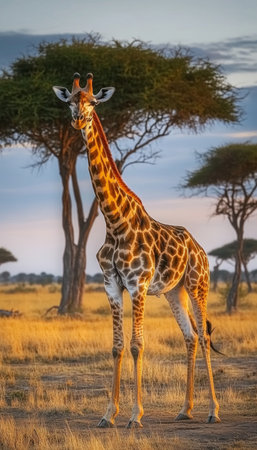 Majestic Giraffe Gracefully Standing Tall Amidst Acacia Trees During a Stunning Savannah Sunsetの素材