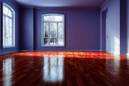 Charming sunlit violet room with polished cherry wood floor and minimalist apartment design styleの素材