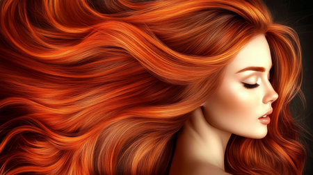 Beautiful Young Woman with Flowing Copper Hair in a Brightly Lit Studio Setting, Exuding Eleganceの素材