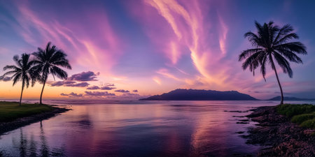 Stunning sunset over a tropical beach, vibrant colors reflecting on water with swaying palms.の素材