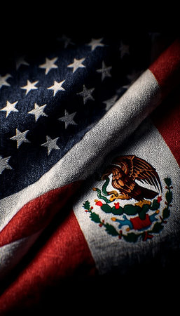 Symbolic Representation of USA and Mexico Partnership Through Intertwined National Flags in Harmonyの素材