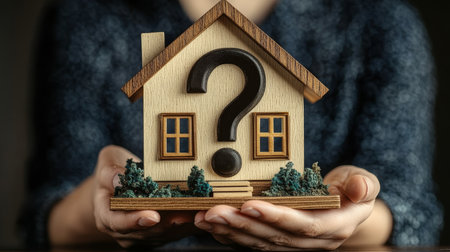 Real Estate Dilemma Woman Holding Miniature House with Question Mark, Uncertain Future of Housingの素材