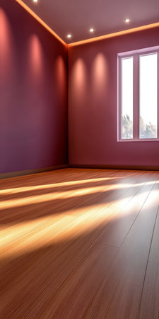 Modern Minimalist Purple Abstract Chamber Featuring Luminous Shadows and Stylish Wooden Floor Designの素材