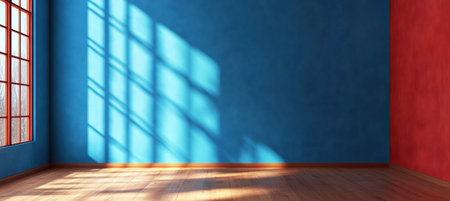 Bright Sunlight Casting Soft Shadows in a Minimalist Blue Room with Authentic Hardwood Flooring.の素材