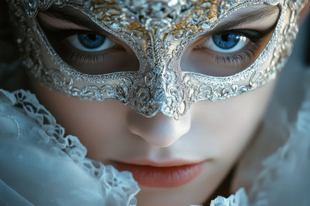 Enchanting Masquerade Ball Mask in Silver and Gold with Sparkling Cobalt Eyes and Dreamy Atmosphereの素材