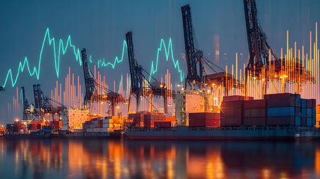 Global Logistics Network Digital Data Visualization of Modern Seaport and Harbor Cargo Operationsの素材