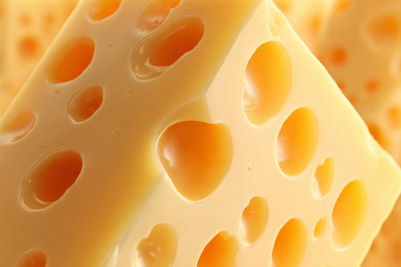 Emmental Cheese with Glossy Holes on a Wooden Board, Perfect for Culinary Art and Food Photographyの素材